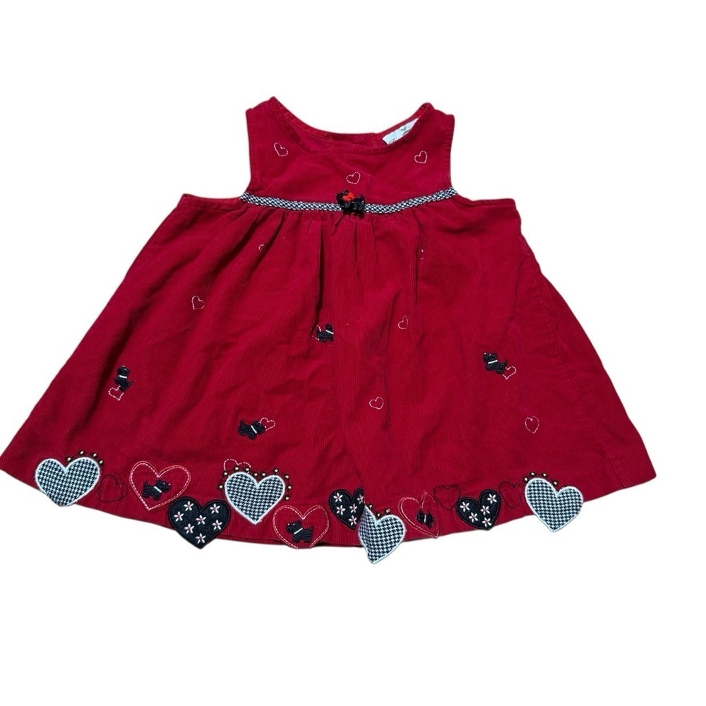 Rare Editions Red Corduroy Dress Sleeveless Hearts Puppy Scottie Embroidered 3T